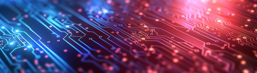 Leinwandbilder - A vibrant circuit board design featuring glowing lights in blue and red tones, perfect for technology and innovation themes.