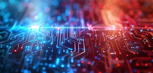 Fototapete - A vibrant circuit board background featuring glowing blue and red lights, ideal for technology and digital themes.