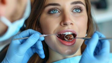 Wall Mural - A woman is getting her teeth cleaned by a dentist