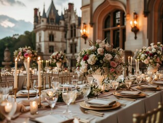 Wall Mural - Elegant outdoor wedding reception with beautifully arranged tables and floral centerpieces at a historic castle during sunset