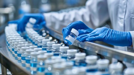 Poster - A person is working with a machine that is producing bottles of medicine