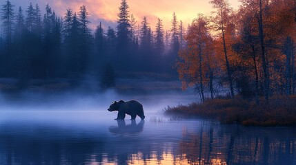 Poster - Majestic Bear in Serene Misty Landscape at Sunrise