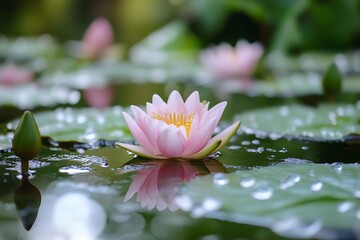 Sticker - Pink water lily floating on water with green lily pads, closeup