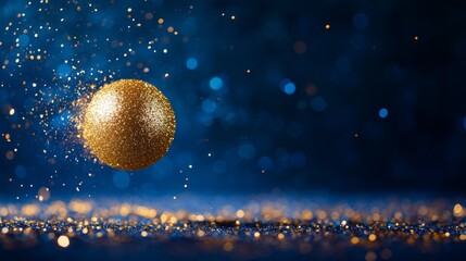 Poster - A large golden glitter sphere sparkles and floats in mid-air, surrounded by tiny glitter particles against a deep blue backdrop, evoking a festive and magical feeling, ideal for celebrations