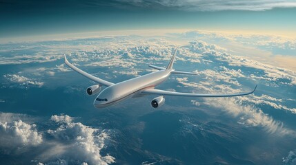 Advanced hydrogen airplane in flight with the Earths curvature visible, symbolizing a green future for aviation