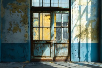 Sticker - Abandoned building interior with peeling paint and sunlight streaming through window