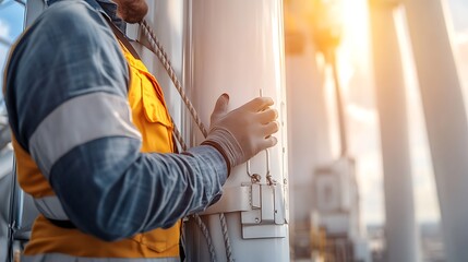Poster - Engineer Gripping Handle with Safety Gear on Turbine