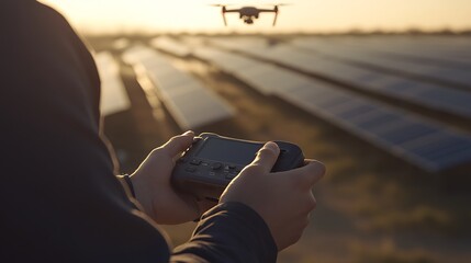 Poster - Engineer Operating Drone Controller Over Solar Panel Field