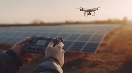 Poster - Engineer Operating Drone Controller Over Solar Panel Field