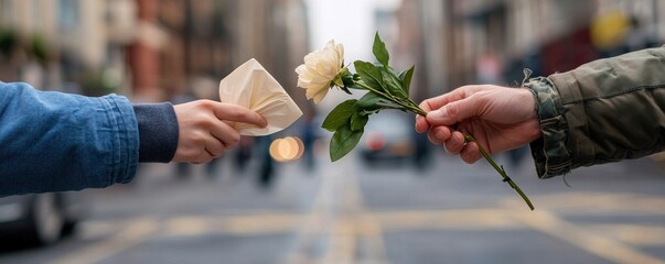 Two hands exchanging a rose and a note on a city street.