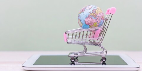 A miniature shopping cart with a globe inside sits on a tablet, representing global online shopping and e-commerce.