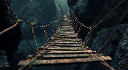 rustic wooden suspension bridge in a misty forest setting, hanging over a deep ravine with rocky wal