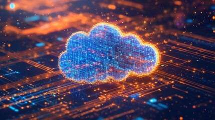 Poster - A vibrant cloud in neon hues floats above a digital grid, symbolizing the energy of cloud computing technology advances.