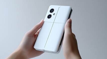 A pair of hands holds a white foldable smartphone with a dual camera lens on the back.