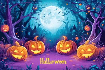 flat illustration of Halloween night with pumpkins, spooky trees and full moon in background Cute cartoon style illustration 