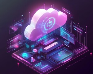 Poster - Futuristic digital illustration showcasing cloud computing with glowing data networks, devices, and a smart interface.