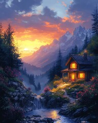 Wall Mural - Cozy cabin in mountain valley with flowing stream, sunset sky, and glowing windows.