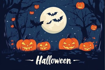 Wall Mural - illustration of Halloween pumpkins, bats, and jack-o'-lanterns in the dark forest with a full moon background, in a cartoon style text 