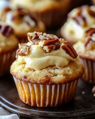 Wall Mural - Deliciously topped pecan cupcakes on a rustic tray perfect for dessert lovers during afternoon gatherings or festive celebrations, highlighting a rich cream frosting and nutty crunch