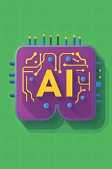 A purple square with a circuit board and the letters AI in yellow. The background is a green color.