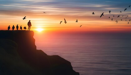 Wall Mural - Contemplative figure overlooking ocean sunset from towering cliff edge