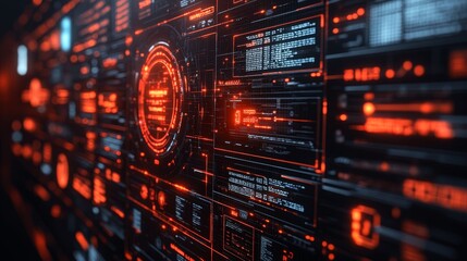 Aufkleber - A complex digital interface in red and black features technical data displays, symbolizing advanced technology and futuristic design.