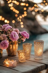 Wall Mural - Elegant outdoor gathering by the sea at sunset featuring glowing lights, floral arrangements, and decorative glassware creating a warm and inviting atmosphere