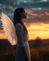 Wall Mural - A woman with angel wings stands in a field at sunset