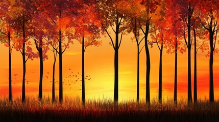 Wall Mural - Serene Autumn Evening with Silhouetted Trees