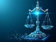 © ai tekno koncept - Justice and Technology Concept, digital 3D scale of justice icon in low poly design with glowing neon grid lines, Justice Systems with Virtual Integrity, law, technology in the legal system.