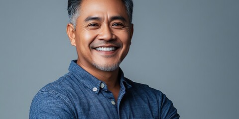 beautiful smiling middle-aged Filipino man, simple modern casual clothes, photographed in a studio