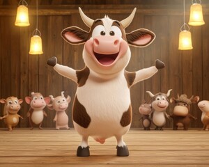 3D Cartoon Cow and Farm Animals Dancing in Barn Under Warm Lantern Glow