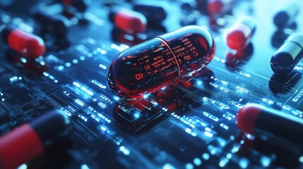 Poster - A futuristic concept image showing a red digital pill resting on a glowing circuit board amidst scattered capsules.