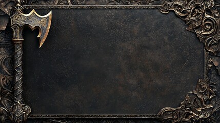 Fantasy Warrior's Pride: Elaborately Designed Axe Head on Mysterious Dark Backdrop
神秘的な暗い背景に映える精巧にデザインされた斧頭：ファンタジー戦士の誇り。.Generative AI