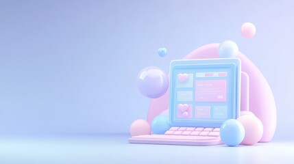 A computer monitor with a pink and blue background and a pink and blue keyboard