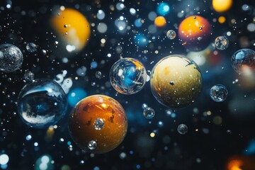 Abstract composition of spheres in a dynamic space themed background with various elements