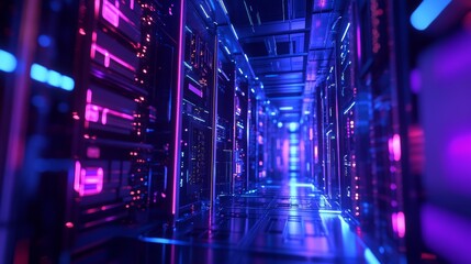 Poster - A futuristic server room with illuminated panels, showcasing the infrastructure of digital data storage technology.