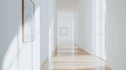 Fototapete - A unique perspective of a hallway in a minimalist home, highlighting the simplicity of the design with white walls, a polished floor, and minimal artwork for an elegant touch.