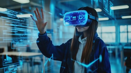 Fototapete - Woman student with VR headset using AI artificial intelligence technology machine learning.Interactive technology in classroom. Innovation & smart tech. AI blue hologram in education