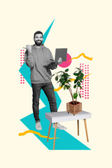 Poster - Creative drawing collage picture of young man freelancer hold netbook work remotely office interior weird freak bizarre unusual fantasy