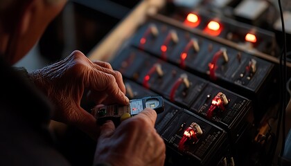 Poster - Engineer Checking Energy Flow of Storage Battery with Multimeter