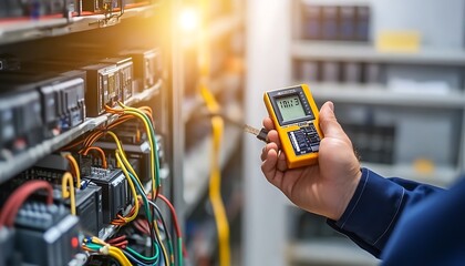Poster - Engineer Checking Energy Flow of Storage Battery with Multimeter