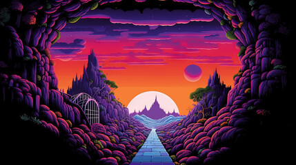 Poster - Fantasy landscape of a sci-fi planet with mountains and a road with mystic sphere. Generated AI
