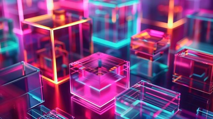 An array of glowing purple and blue cubes against a black background, reflecting an advanced and vibrant technological landscape.