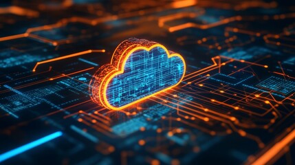 Poster - Futuristic depiction of cloud technology in a digital space, featuring glowing circuits and data flowing through connected networks.