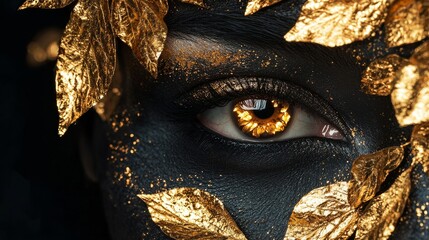 The asia woman's eye is adorned with golden leaves, creating an enchanting and mysterious atmosphere