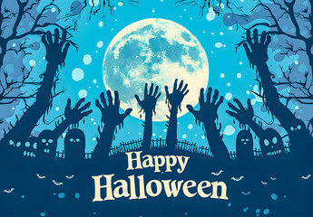 Halloween illustration with a hand rising from a grave under a full moon, perfect for Halloween greetings or themed promotions. Eerie night atmosphere with haunting elements