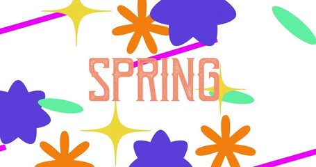 Sticker - Spring text animation over colorful flowers and stars on white background