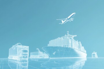 Wireframe illustration of cargo ship, truck, and plane against a light blue gradient background