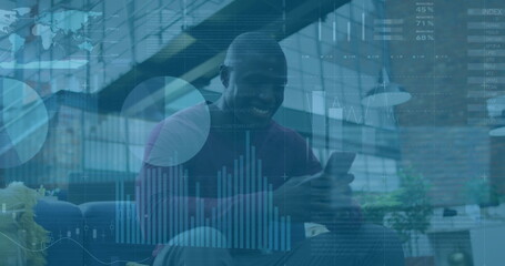 Poster - Image of financial data processing over african american businessman using smartphone